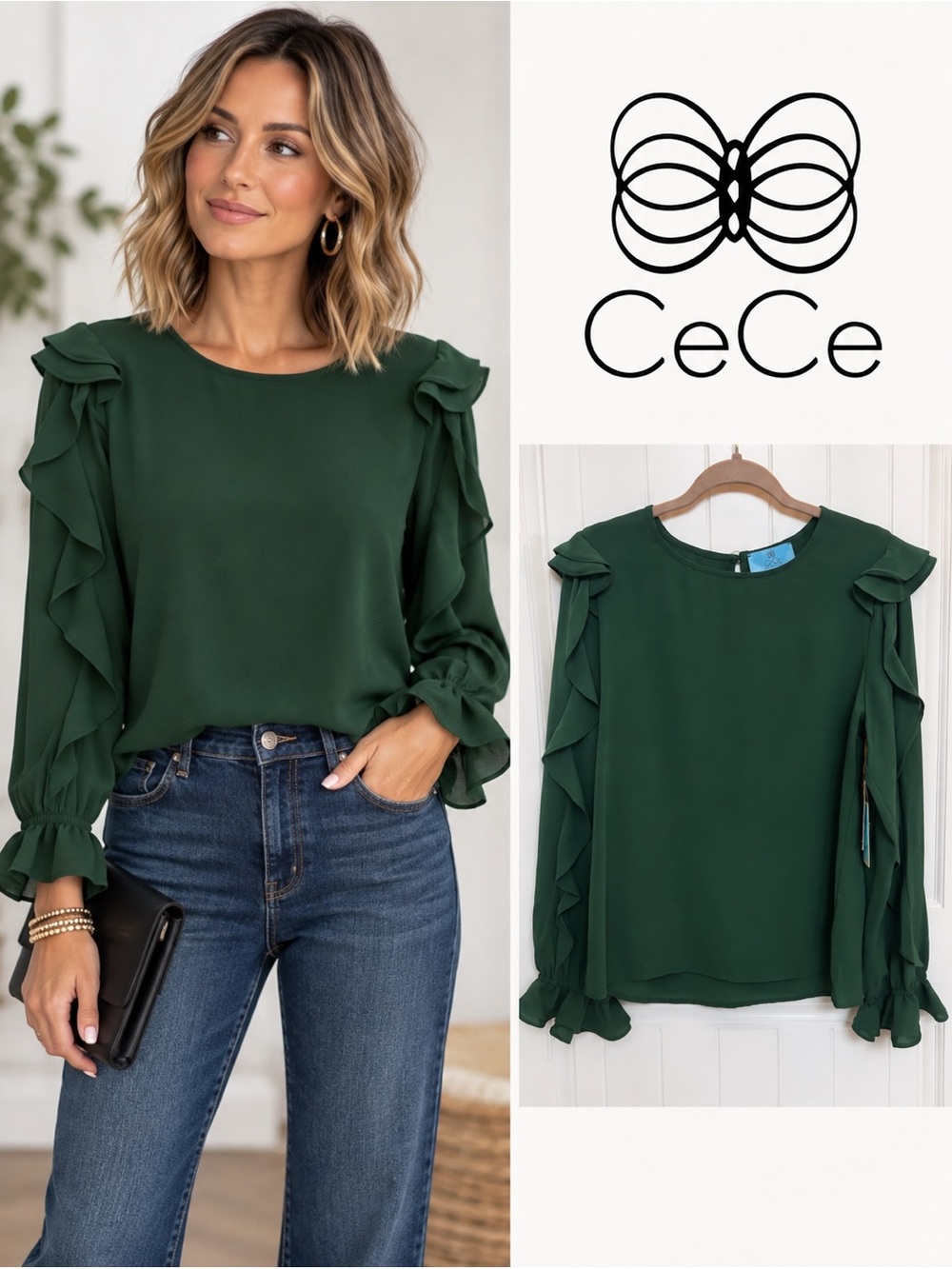 CeCe Forest Green Ruffle Sleeve Women's Blouse